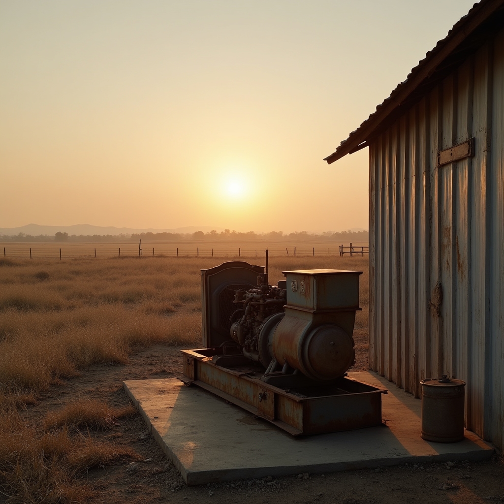 Generador a gasoil ubicado junto a un galpón rural