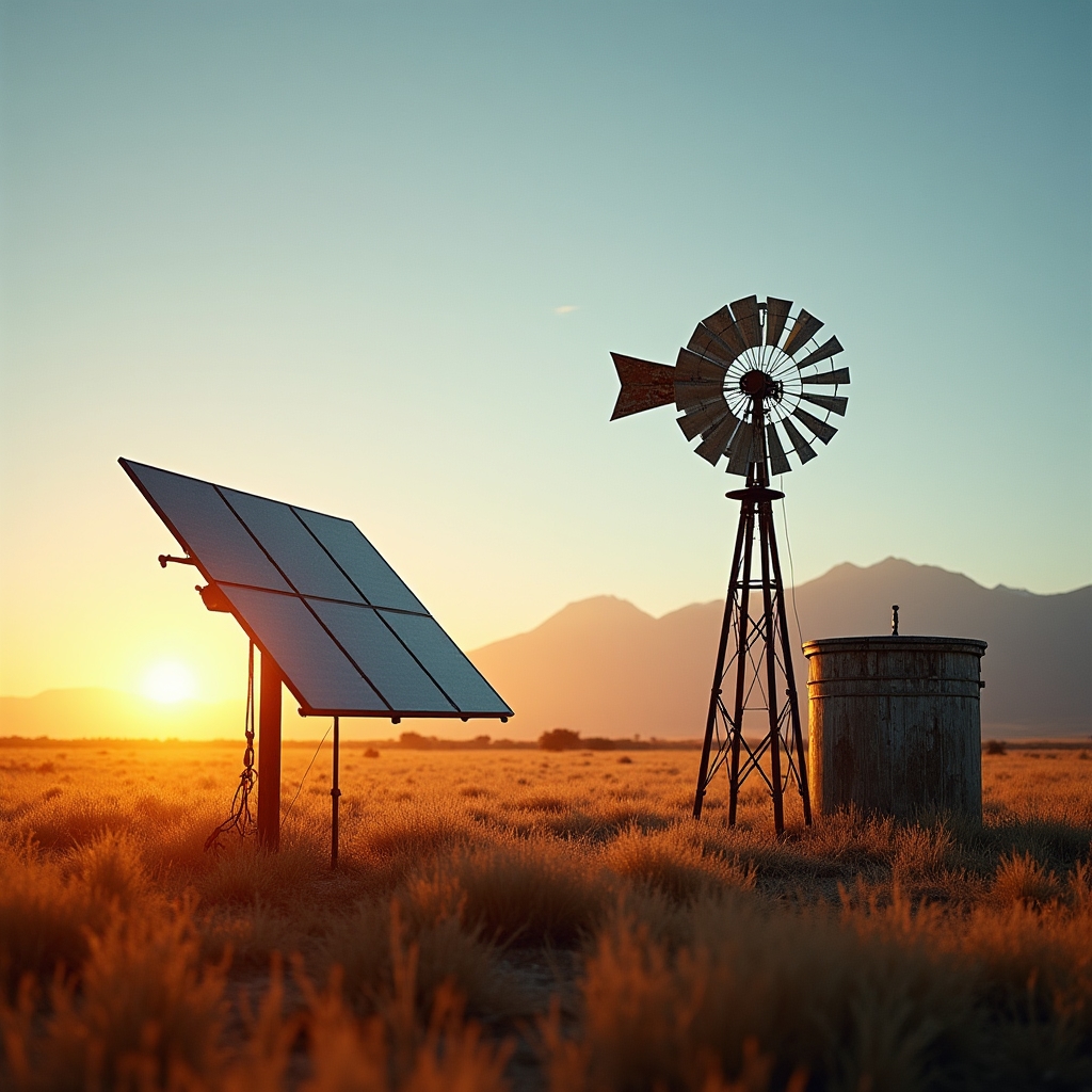 Panel solar junto a un molino y tanque de agua en una chacra de la Patagonia