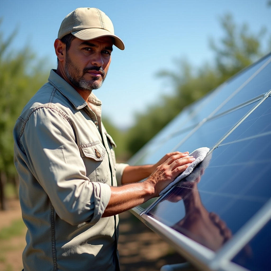 Persona limpiando la superficie de un panel solar rural con un paño