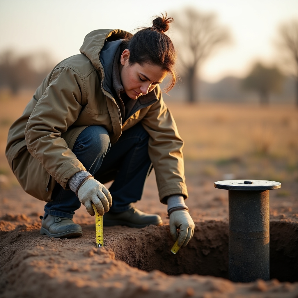 Técnico midiendo la profundidad de un pozo de agua con cinta métrica